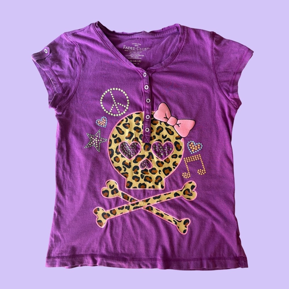 Y2K Faded Glory Purple Leopard Skull Rhinestone Scene Henley Baby Tee Top #16